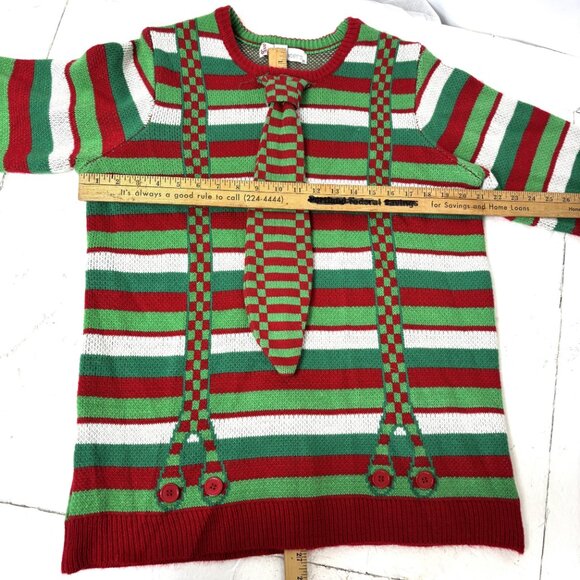 Jolly Ugly Christmas Sweater grn red white stripe faux suspenders EUC Size L - Picture 10 of 14